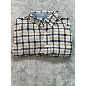 IZOD Mens Sz M Shirt Blue Brown Long Sleeve Button Up Check Plaid Guys Casual